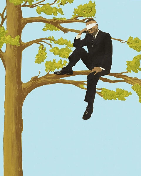 Blindfolded Businessman Sitting in a Tree
