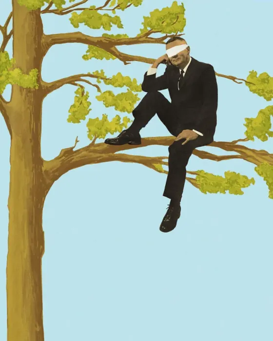 Framed Print : Blindfolded Businessman Sitting in a Tree Framed Print : Blindfolded Businessman Sitting in a Tree