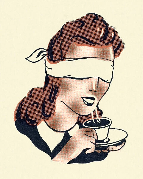 Blindfolded Woman Drinking Coffee