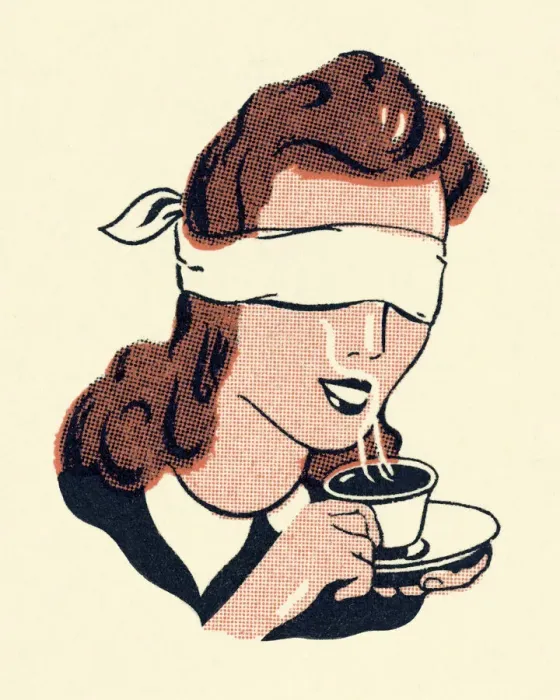 Framed Print : Blindfolded Woman Drinking Coffee