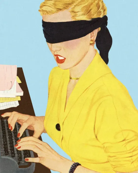 Framed Print : Blindfolded Woman at a Typewriter Framed Print : Blindfolded Woman at a Typewriter