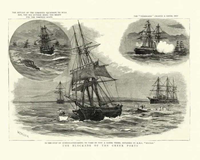Framed Print : Blockade of the Greek Ports, HMS Sultan detaining a ship, 1886 Framed Print : Blockade of the Greek Ports, HMS Sultan detaining a ship, 1886