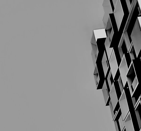 Blocks. A black and white photo of a commercial building in downtown Portland, Oregon