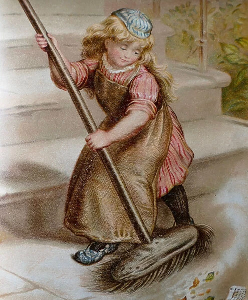Blond girl with long hair sweeping the staircase with large broom