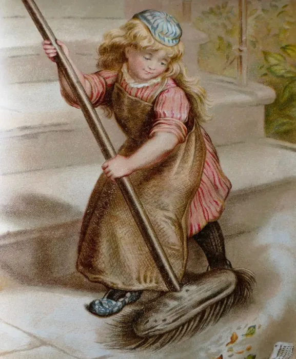 Framed Print : Blond girl with long hair sweeping the staircase with large broom Framed Print : Blond girl with long hair sweeping the staircase with large broom