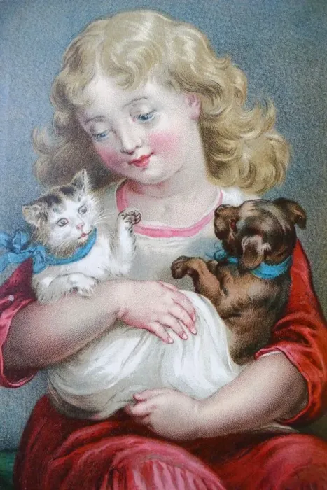 Framed Print : Blond girl sitting and holding a young cat and dog in her arms Framed Print : Blond girl sitting and holding a young cat and dog in her arms