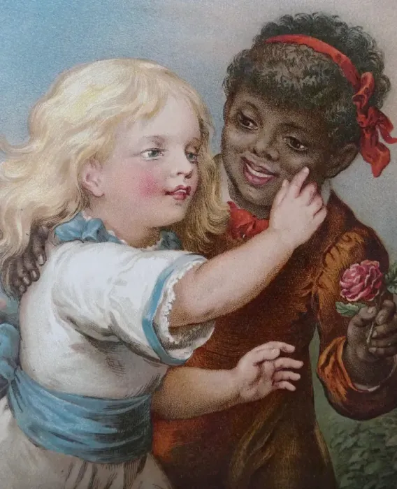 Framed Print : Blond girl touching the skin of a black african girl Framed Print : Blond girl touching the skin of a black african girl