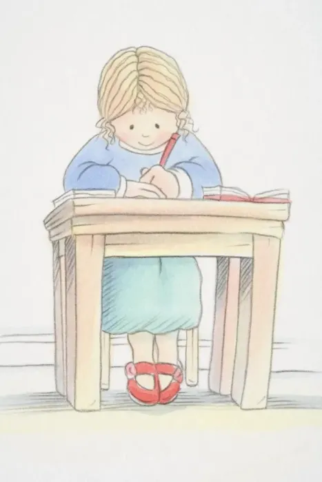 Framed Print : Blonde girl in green skirt, blue jumper and red shoes sitting by small desk and writing, low angle view Framed Print : Blonde girl in green skirt, blue jumper and red shoes sitting by small desk and writing, low angle view