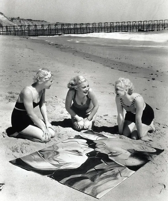 Framed Print : Three Blonde Women on Beach with Puzzle Framed Print : Three Blonde Women on Beach with Puzzle