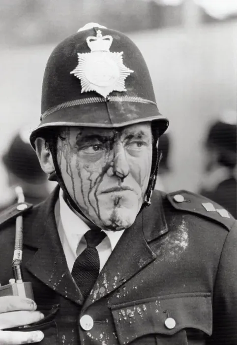 Framed Print : Bloodied Inspector Dennis Bell During Riots Framed Print : Bloodied Inspector Dennis Bell During Riots