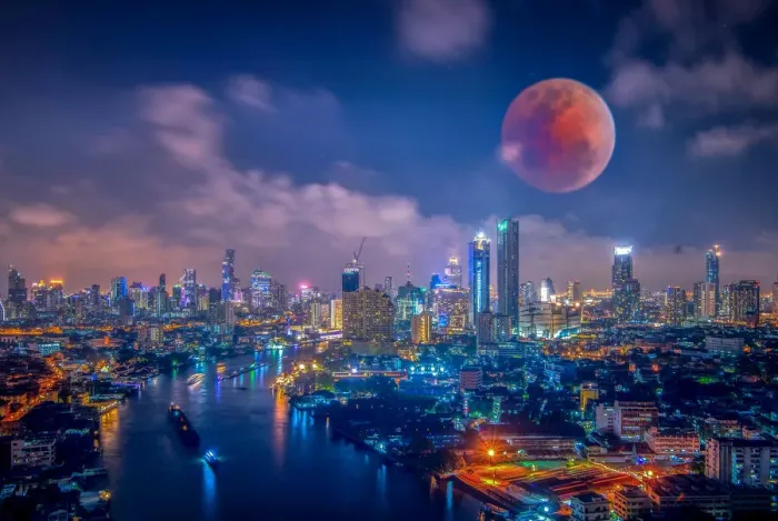 Framed Print : Bloody moon, Bangkok night view with skyscrape Framed Print : Bloody moon, Bangkok night view with skyscrape