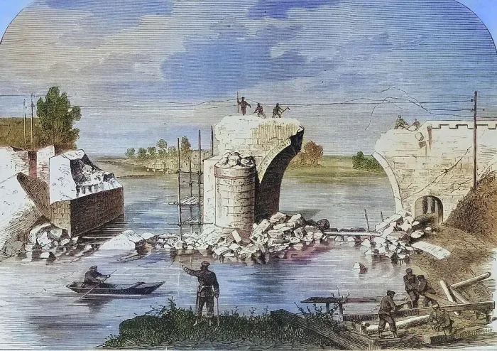 Framed Print : The blown up railway bridge near Trilport outside Meaux on the Marne river, illustrated war history, German, French war 1870-1871, Germany, France