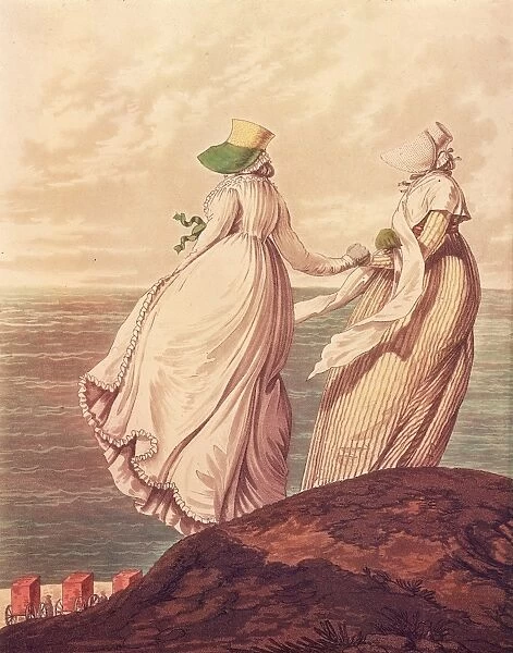 Blowy Day. Womens seaside morning dress. Two late 18th century women in