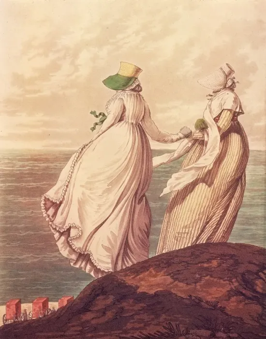 Framed Print : Blowy Day. Womens seaside morning dress. Two late 18th century women in Framed Print : Blowy Day. Womens seaside morning dress. Two late 18th century women in