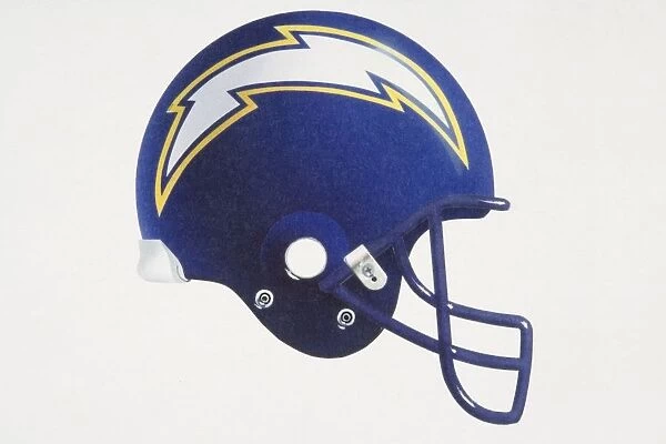 Blue American football helmet with lightning-shaped team logo, side view