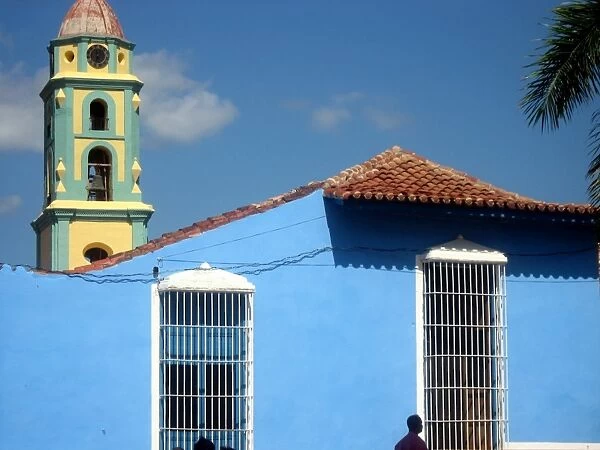 Blue building and church bell towe, Trinidad, Cuba