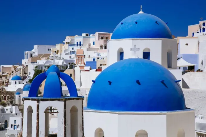 Framed Print : Blue dome of church in Oia village, Santorini Framed Print : Blue dome of church in Oia village, Santorini