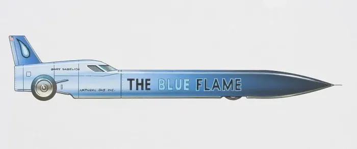 Framed Print : Blue Flame rocket-style sports car, side view