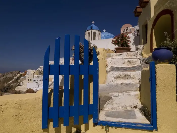 Framed Print : Blue gate, Santorini, Greece Framed Print : Blue gate, Santorini, Greece
