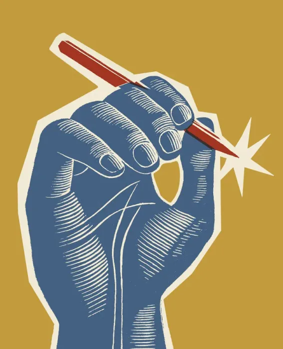 Framed Print : Blue Hand Holding Red Pen