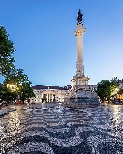 Blue hour at Praca Dom Pedro with the famous wave pattern in Lisbon, Portugal