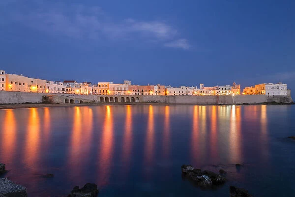 Blue hour, Seno della purita city beach, old town Gallipoli, Lecce, Apulia province, Italy