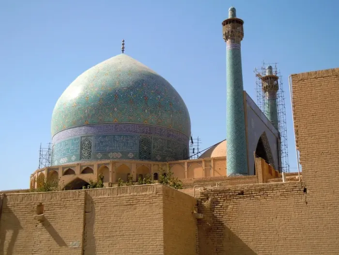 Framed Print : Blue Imam mosque of Isfahan over brick wall, Iran Framed Print : Blue Imam mosque of Isfahan over brick wall, Iran