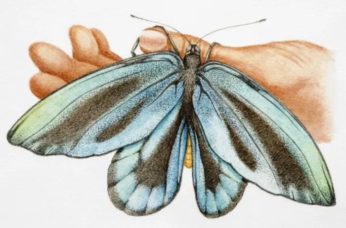 Framed Print : Blue Morpho (Morpho menelaus), iridescent tropical butterfly clinging to thumb of human hand