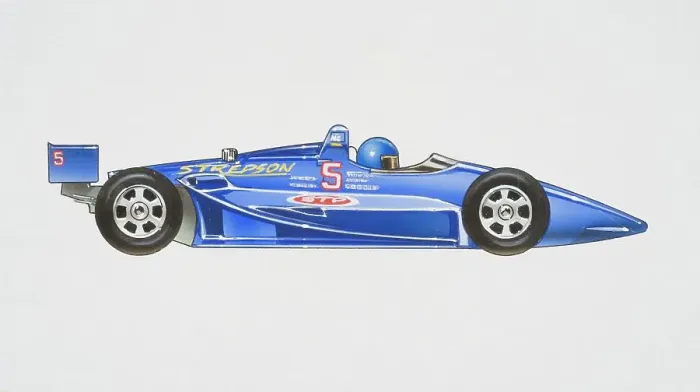 Framed Print : Blue motor-racing car with driver sitting in he front, side view Framed Print : Blue motor-racing car with driver sitting in he front, side view