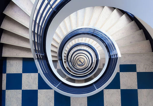 Blue spiral staircase from above