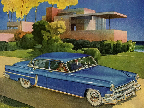 Blue Vintage Car Infront of House