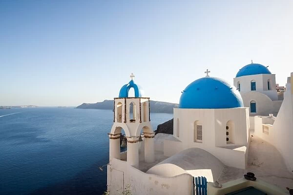 Blue and white churches in Santorini Greece