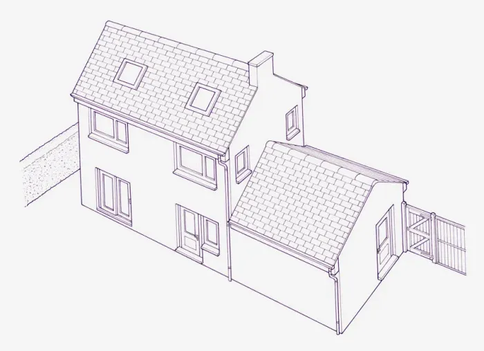 Framed Print : Blueprint illustration of house with extension Framed Print : Blueprint illustration of house with extension