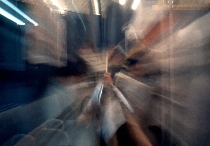 Framed Print : Blurred Motion Image of Passengers on the New York City Subway in the 1950's