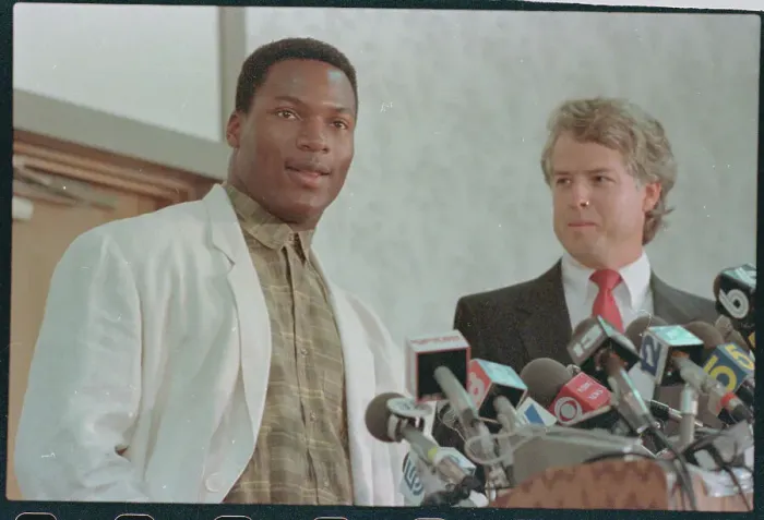 Framed Print : Bo Jackson and Lawyer at Press Conference Framed Print : Bo Jackson and Lawyer at Press Conference