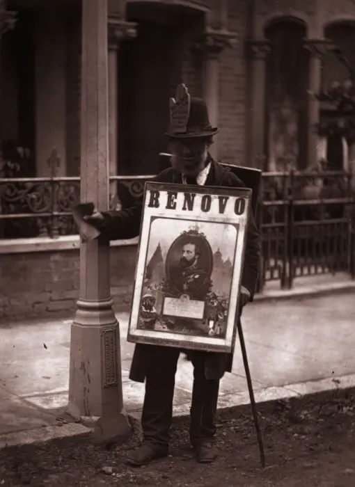 Framed Print : Board Man. A sandwich-board man on a street in London Framed Print : Board Man. A sandwich-board man on a street in London