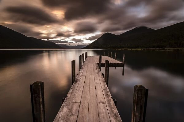 Boardwalk, dark weather mood, Lake Rotoroa, South Island, New Zealand