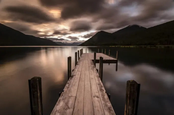 Framed Print : Boardwalk, dark weather mood, Lake Rotoroa, South Island, New Zealand Framed Print : Boardwalk, dark weather mood, Lake Rotoroa, South Island, New Zealand
