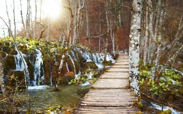 Boardwalk lined with waterfalls, Plitvice Lakes