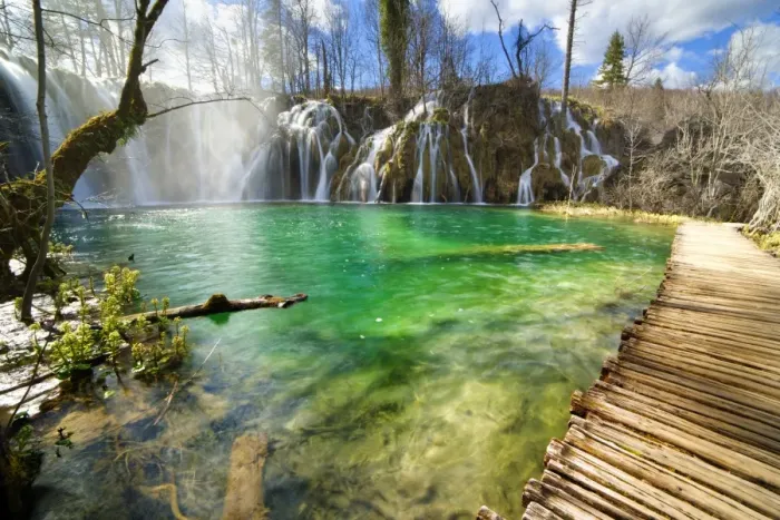 Framed Print : Empty boardwalk by waterfalls at Plitvice Lakes