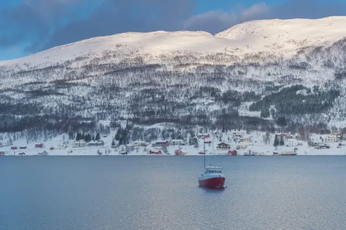 Framed Print : a boat in a bay in Tromso Framed Print : a boat in a bay in Tromso