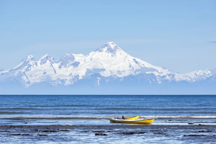 Framed Print : Boat on the beach of Kenai, Mt Redoubt volcano at the back, Kenai, Alaska, United States Framed Print : Boat on the beach of Kenai, Mt Redoubt volcano at the back, Kenai, Alaska, United States