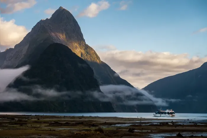 Framed Print : A boat explores Milford Sound Framed Print : A boat explores Milford Sound