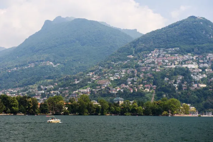 Framed Print : Boat on the Lake Lugano, Switzerland Framed Print : Boat on the Lake Lugano, Switzerland
