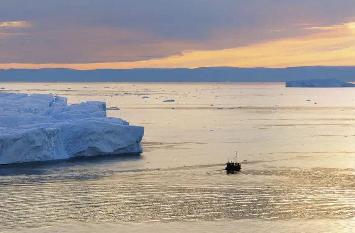Framed Print : Boat near Icebergs Framed Print : Boat near Icebergs