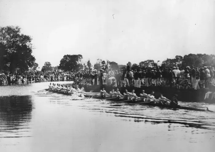 Framed Print : Boat Race. June 1887: Ist Trinity College bumping into Jesus Colleges boat Framed Print : Boat Race. June 1887: Ist Trinity College bumping into Jesus Colleges boat
