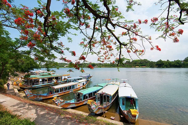 A boat station at Perfume River (Huong river) near Thien Mu pagoda, Hue, Vietnam