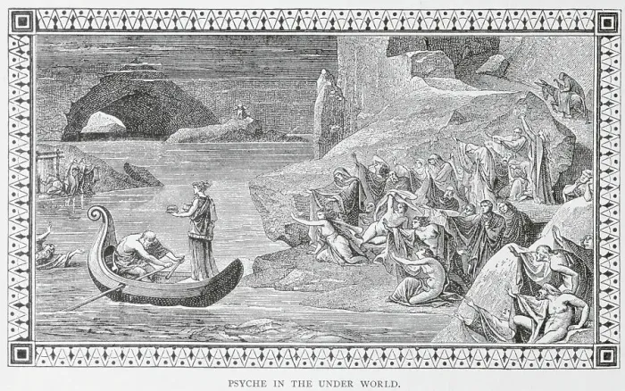 Framed Print : Boat Travelers and Occupants of Underworld Framed Print : Boat Travelers and Occupants of Underworld