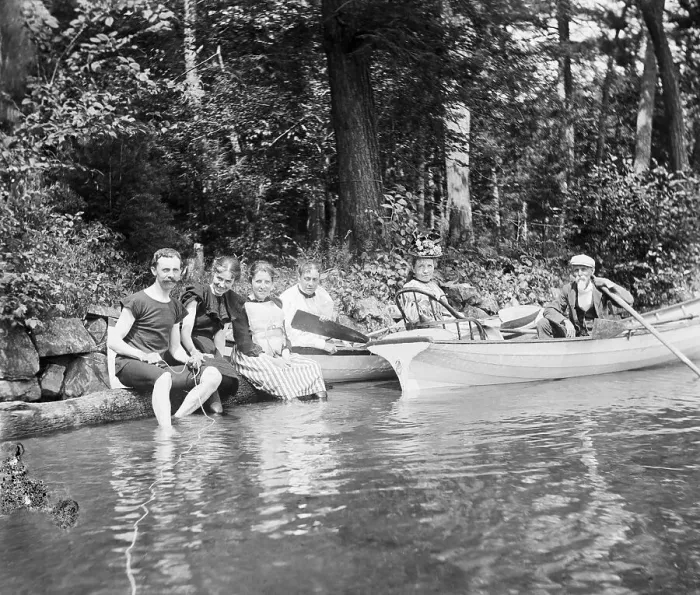 Framed Print : Boating Party on Shore of Lake