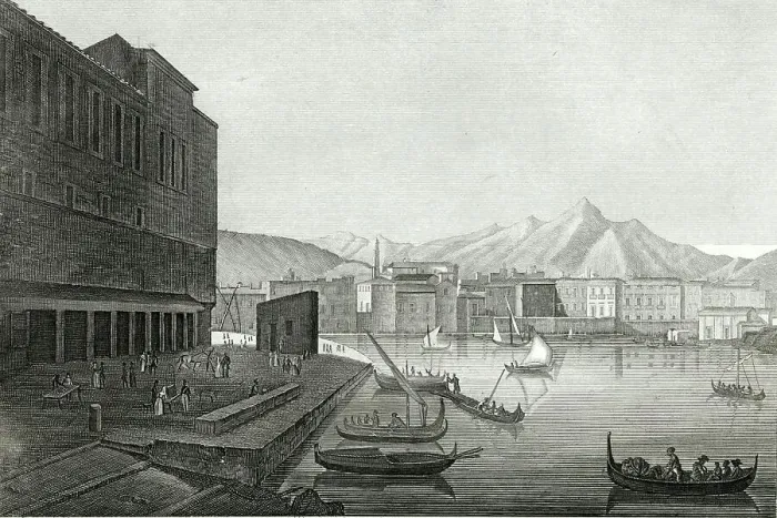 Framed Print : Boats in the harbour and the fish market in Palermo, Sicily, 1770, Italy, Historical, digitally restored reproduction from a 19th century original Framed Print : Boats in the harbour and the fish market in Palermo, Sicily, 1770, Italy, Historical, digitally restored reproduction from a 19th century original